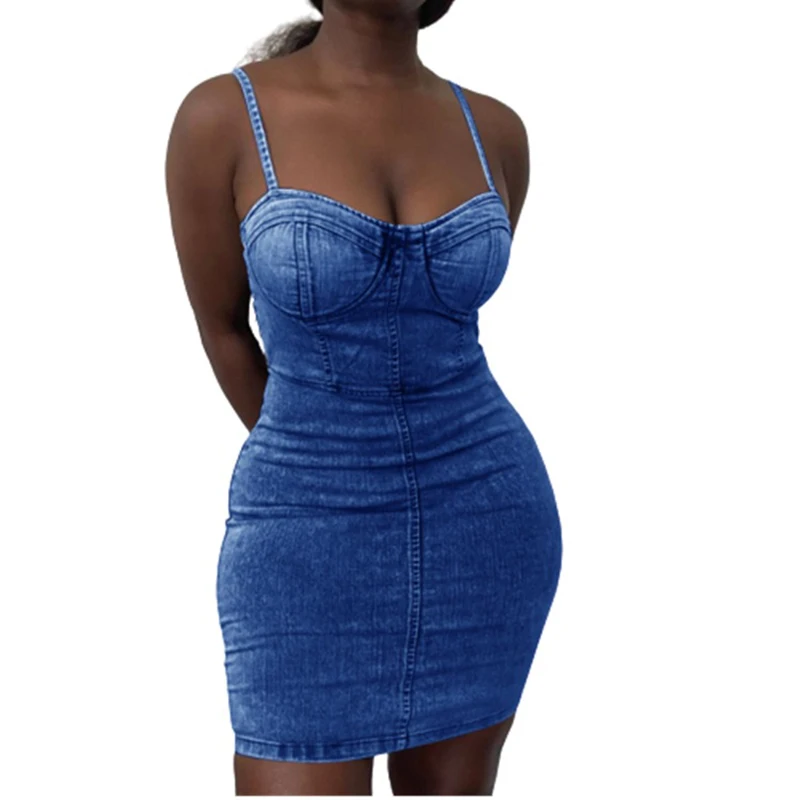 

Модное женское сексуальное Бандажное джинсовое мини-платье, элегантное платье без рукавов с открытыми плечами, женские платья, облегающие ...