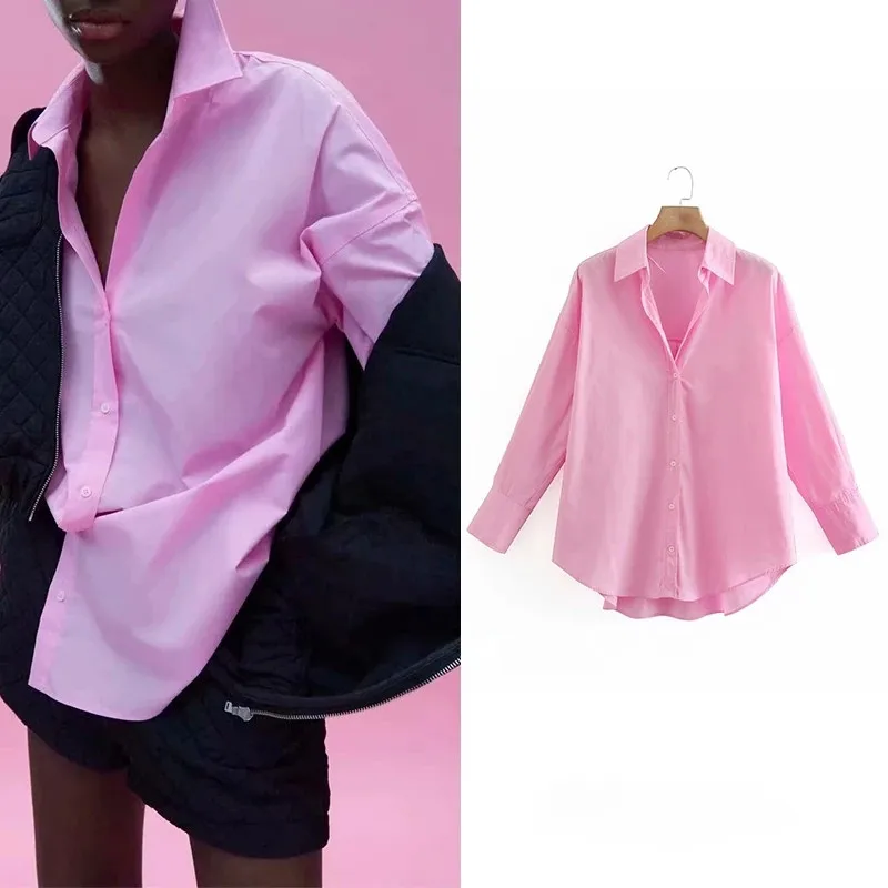

Женские весенние Рубашки Za, шикарные розовые однотонные длинные рубашки на пуговицах, модные женские топы с V-образным вырезом, повседневны...