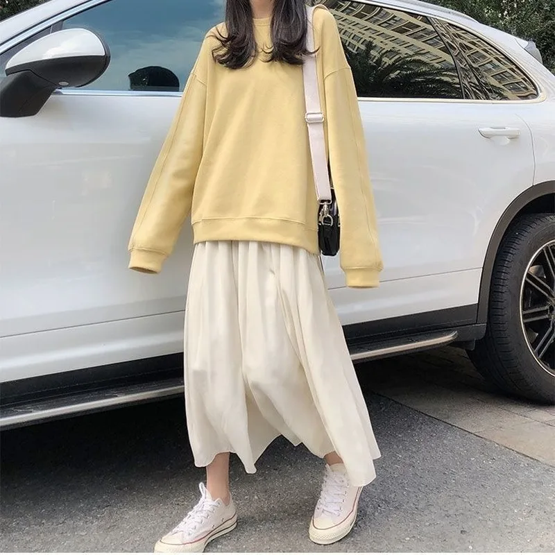 

Solid Skirts Women Mid-calf Length Draped Korean Style Trendy Popular Chic Elegant Ulzzang All-match Hot Sale Spring Autumn Lady