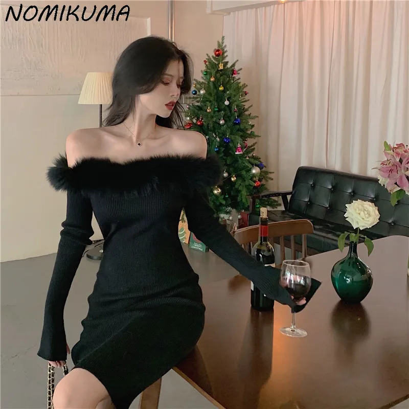 Nomikuma сексуальное меховое лоскутное платье с открытыми плечами без бретелек