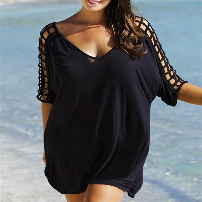

Women Bikini Cover Up Plus Size Beachwear Knitted Hollow Loose Beach Wear Ladies Solid Sexy Deep V Summer Female Swimwear