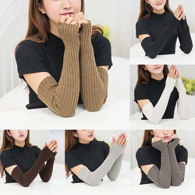 

Autumn Winter Warm Knitted Half Finger Gloves Women Wool Arm Warmers Kintting Arm Sleeve Long Fingerless Gloves Female Mittens