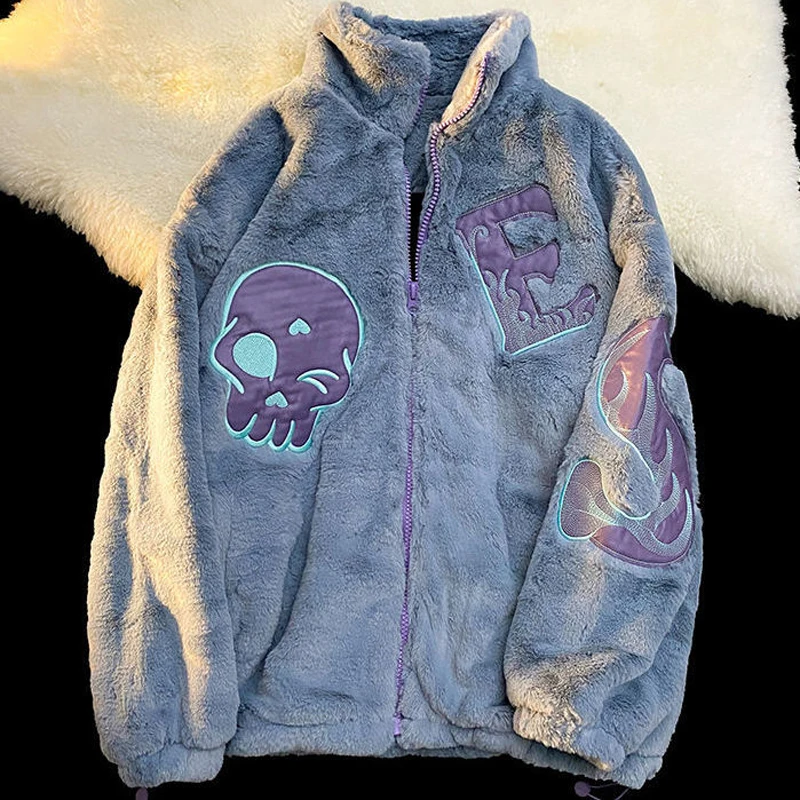 

Winter 2021 Faux Lamb Wool Warm Coat Zip Up Hip Hop Skull Pattern Jacket Women Loose Ins Street Furry Y2K Casual Vintage Coat