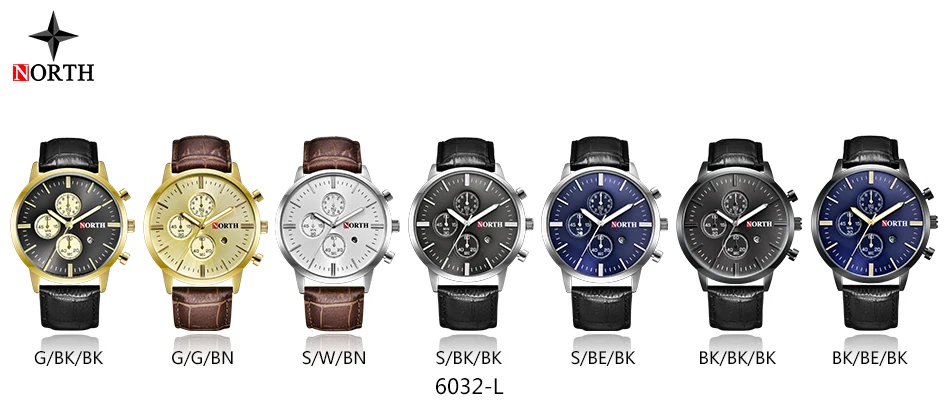 Часы NORTH мужские с кожаным ремешком Роскошные Аналоговые кварцевые модные