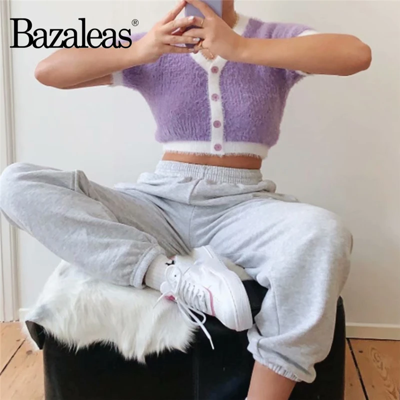 Bazaleas Шикарный белый фиолетовый лоскутный свитер винтажный с центральной