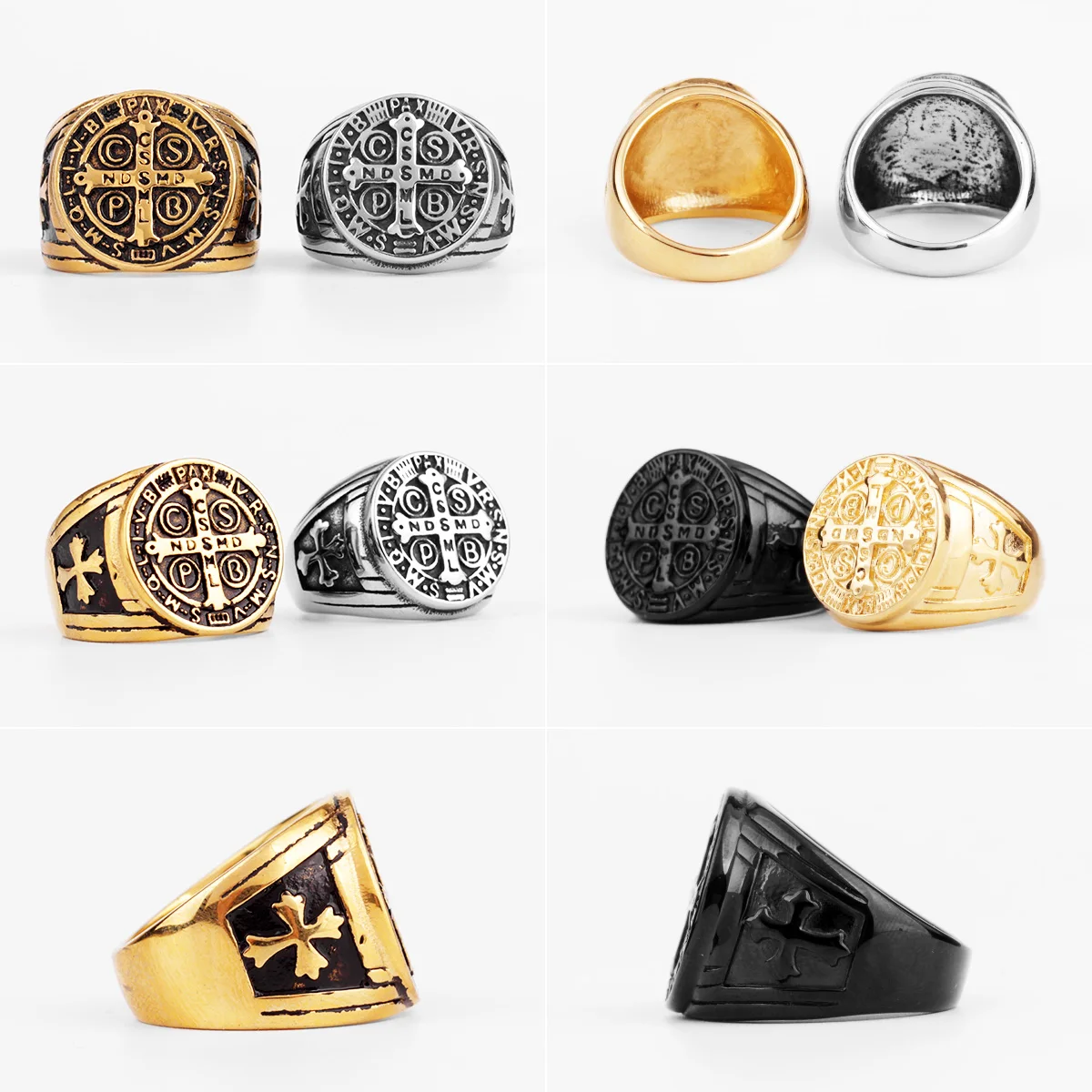 

Saint Benedict Cspb Gold Black Cross Men Rings Punk Hip Hop for Boyfriend Male Stainless Steel Jewelry Creativity Gift Wholesale