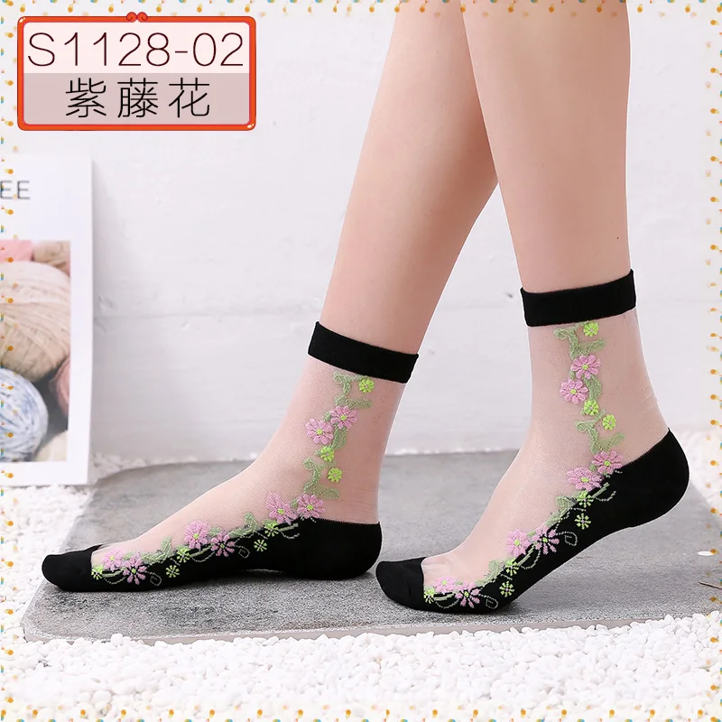 Hyrax trends Transparent sexy bud ladies silk Socks flower design Black transparent color Sexy fashion lace sock