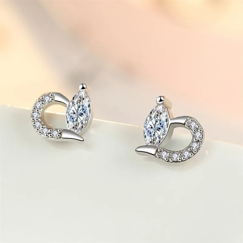

925 Sterling Silver Crystal Heart Piercing Stud Earrings For Women Wedding Jewelry Pendientes Oorbellen eh157