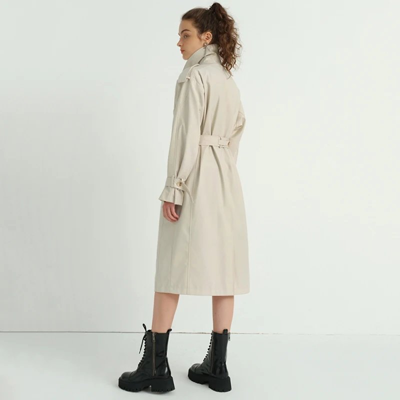 

[EAM] Women Apricot Bandage Big Size Long Trench New Lapel Long Sleeve Loose Fit Windbreaker Fashion Spring Autumn 2021 1DE1464