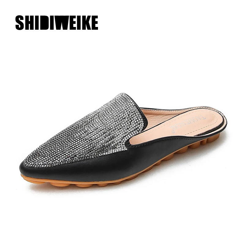 Мюли женские на низком каблуке модные блестящие заостренный носок туфли без