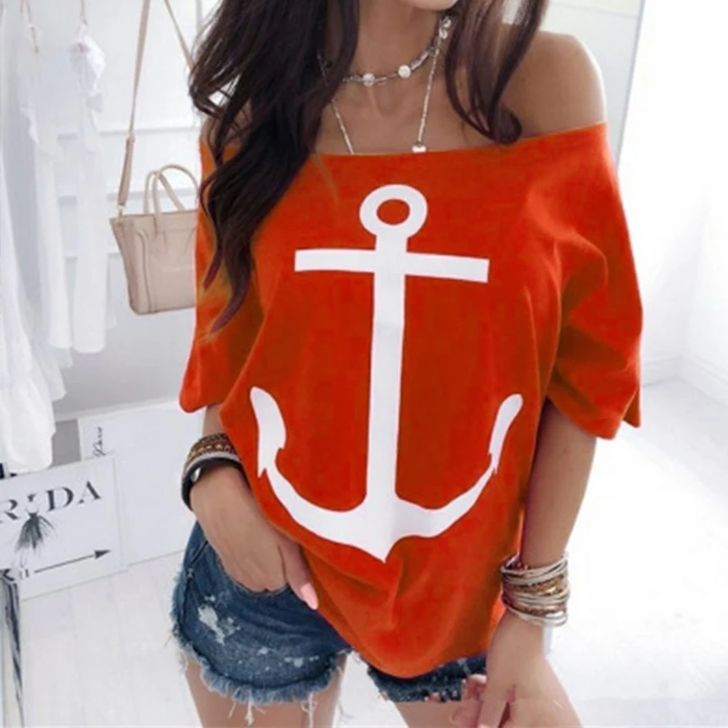 Women Anchor Print Loose T-shirt Summer Slash Neck Tees Casual Batwing Sleeve Tops T-shirts Plus Size | Женская одежда
