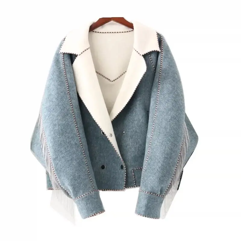 

Double-Faced Cashmere Coat Women's Wool Coat Small Fragrance Fringed Silver Silk High-End Temperament Loose Autumn And Winter