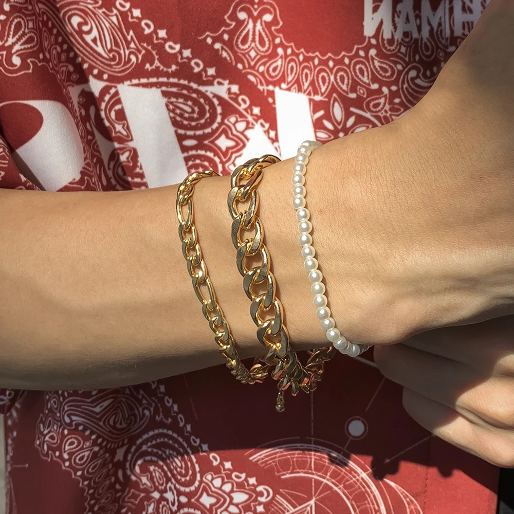 

Lacteo 3 Pcs/Set Vintage Metal Cross Chain Charm Bracelet For Women 2021 Fashion Trendy Hip Hop Imitation Pearls Bangle Bracelet