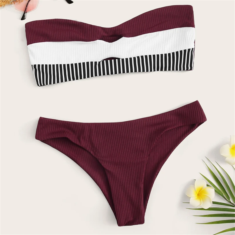 2020 New Stripe Swimsuit Women Strapless Bandeau Swimwear Padded Bralette Bathing Suit S-XL Girl Ribbe Bikini Set | Женская одежда