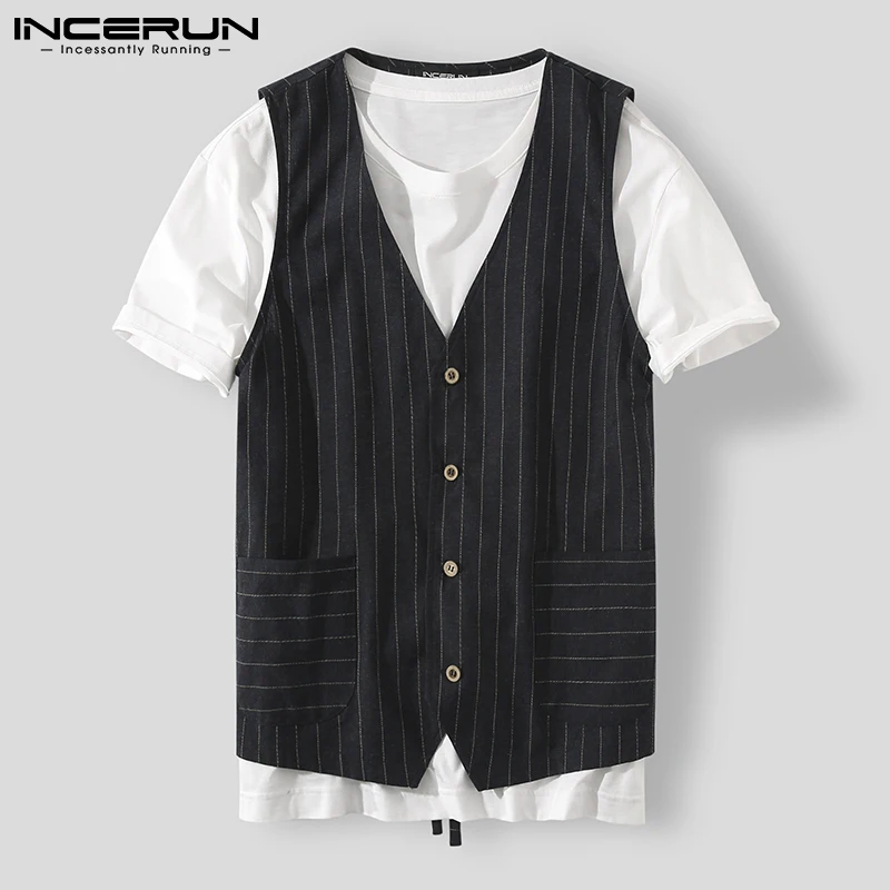 

INCERUN Fashion Men Striped Vests Leisure Sleeveless Fitness Pockets Blazers Man Casual Button V Neck Suits Streetwear Plus Size