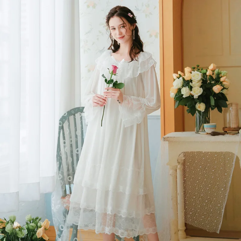 Long Sleeve Nightdress Lady Spring Summer Palace Princess Modal Mesh Long Nightdress Sweet Loose Large Size Home Clothes Autumn