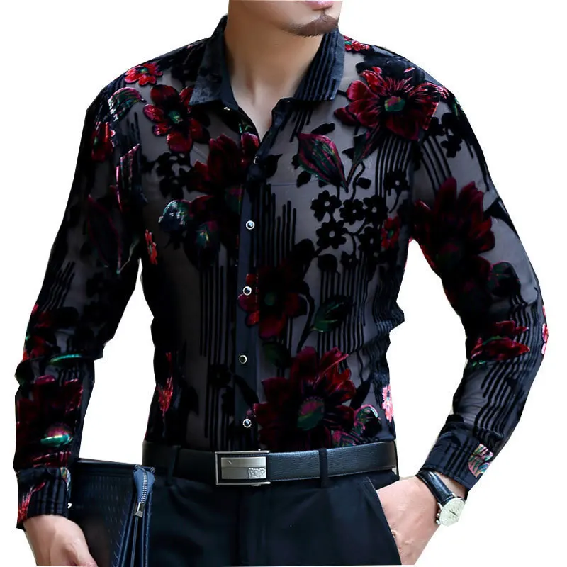 Модная бархатная рубашка для свадьбы 2019 сорочка Homme 4xl кружевная клубной