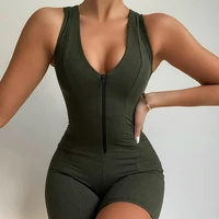 women ribbed sexy romper jumpsuit sleeveless v neck zipper mini playsuits female sexy skinny stretch fitness club clothes summer