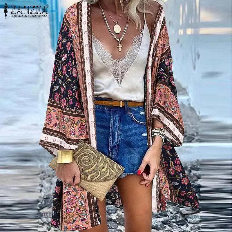 

ZANZEA Women Autumn Floral Printed Kimono Cardigans Femme Clothing Bohemian Cover Casual Baggy Long Sleeve Blouse Chemise 2023