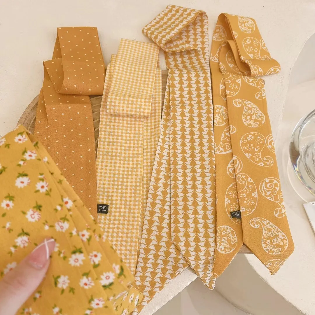 

Модный женский узкий шарф, желтые шелковистые шифоновые повязки на голову с цветочным принтом в полоску, Весенняя тонкая диагональная лент...