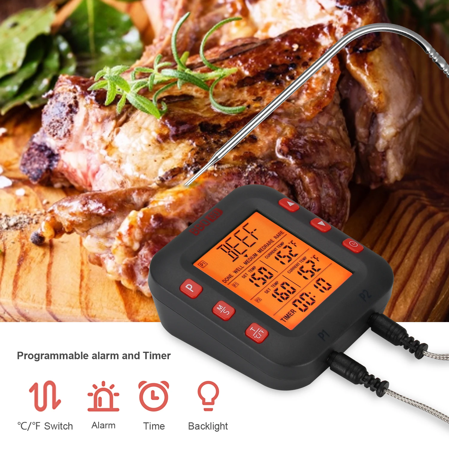 

InkBird BG-CT2C Food Thermometer with Two Probes Large LCD Display Thermometer Monitoring Meat Thermometer with Alarm and Timer