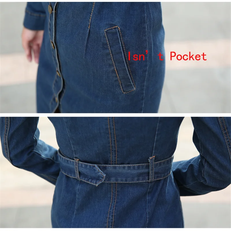 

Ladies Denim Dresses Vintage Long Sleeve Pencil Dress Women With Belt Slim Lapel Single Breasted Cowboy Dress Female 4XL RM50110