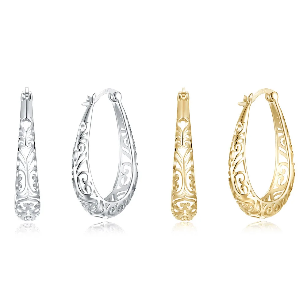 

Hollow Pattern Earrings Authentic 925 Sterling Silver Hoop Earrings For Women Vintage Earing Fine Jewelry Kolczyki CF313