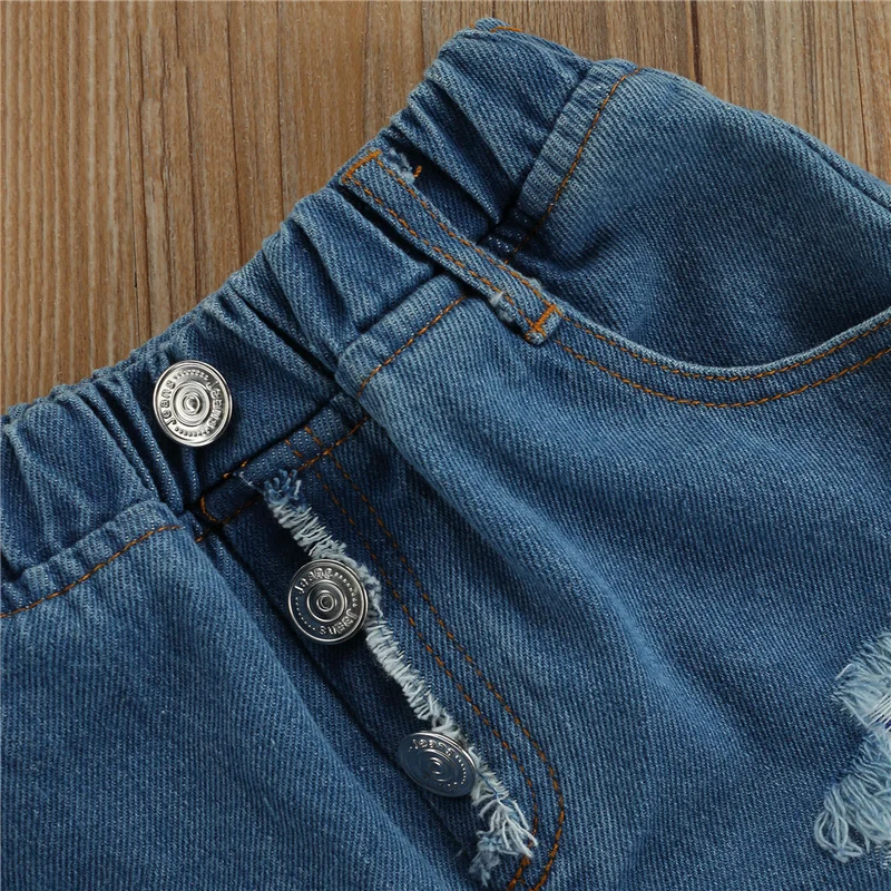 

2pcs 2-7Years Children Girls Summer Casual Clothes Sets,Baby Girls Cool Sleeveless Rib Knit Strap Tops+Ripped Denim Shorts Set