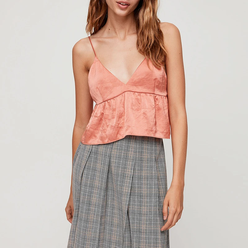 

Casual Tops Women 2022 Solid Sexy Sleeveless V-Neck Ruffles Female Crop Top Summer Camisoles