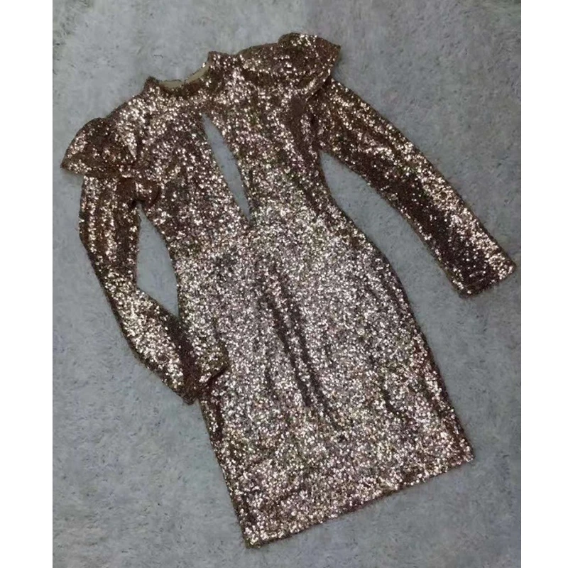 Женское облегающее платье с блестками элегантное высоким воротом и длинным