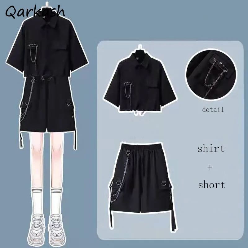 

Sets Women Cargo Style Summer High Street Solid Unisex Causal Female Shirts Ulzzang Crops Popular BF Mujer Elastic Waist Trouser