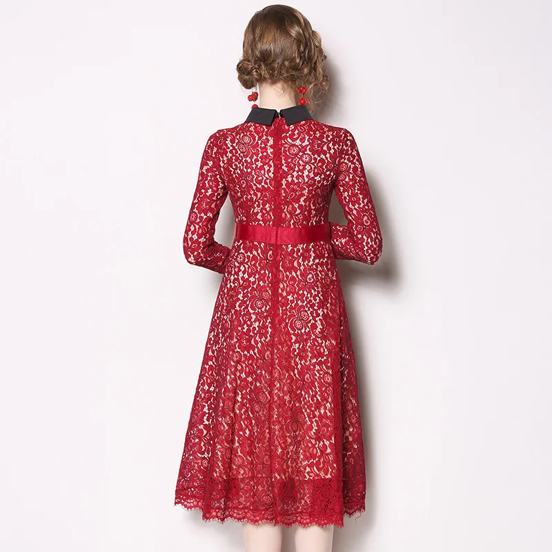 

New Elegant Vintage Fashion Women Lace Slim Tunic High Waist Evening Party Dress Lady Long Sleeve Big Swing Midi Dresses