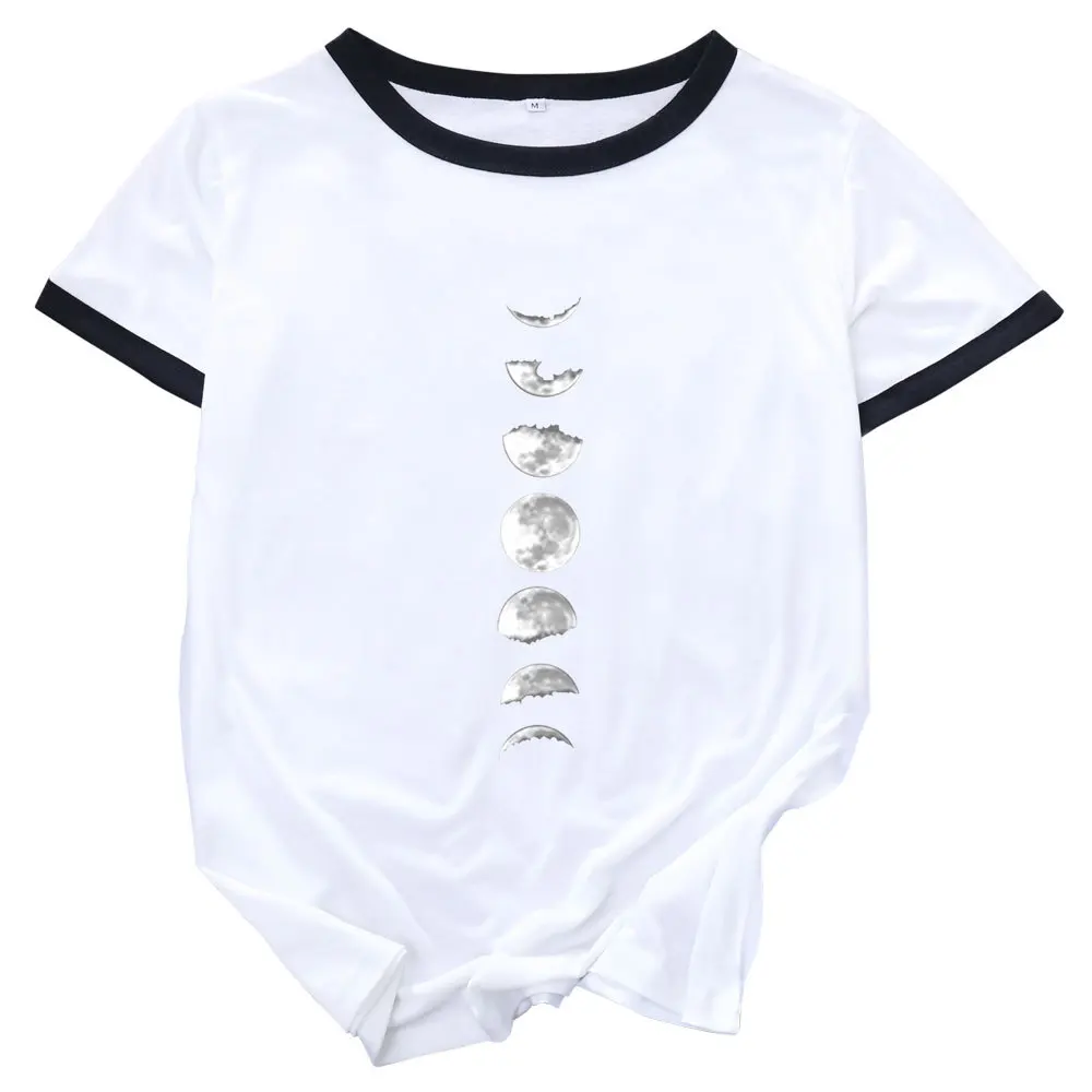 

Moon Phase Eclipse Astronomy Womens Colorblock Crewneck Short Shleeve Cotton Blend Summer T-shirts Graphic Tees Female Print Top