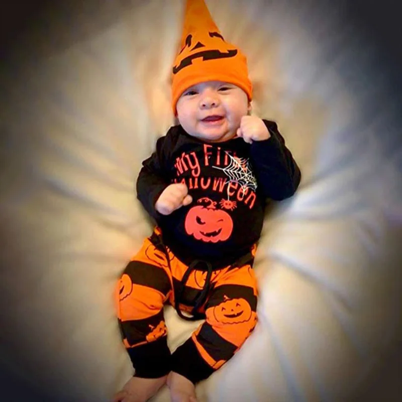 Baby Boy Girl Long Sleeve Halloween Pumpkin Print Romper Tops Trousers Hat Outfits Clothes | Детская одежда и обувь