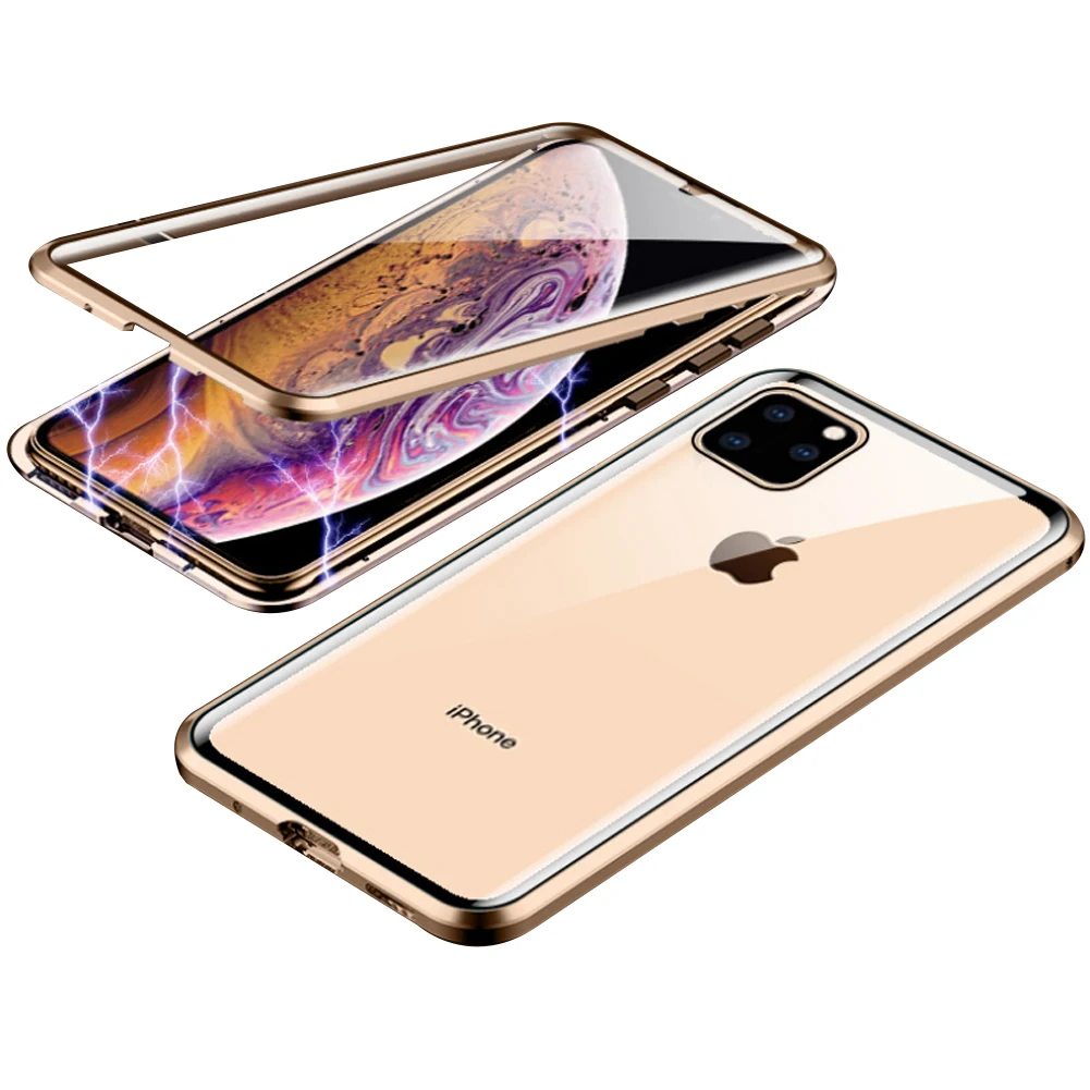 Магнитное закаленное стекло чехол для iPhone 11 Pro X XS MAX XR 8 7 металлический бампер Магнитный чехол для samsung Galaxy Note 10 S10 Plus - Цвет: Transparent Gold