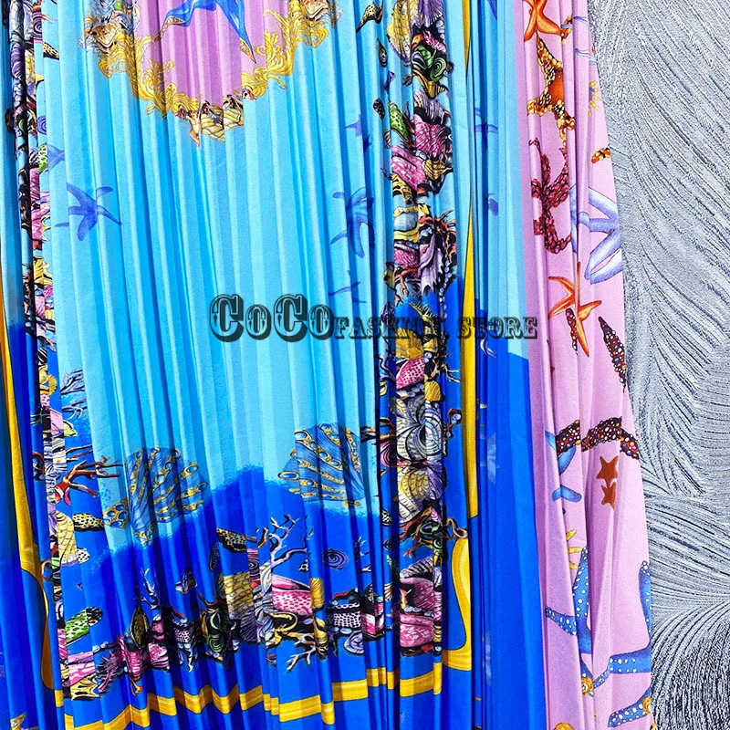 

Luxury design 21 fashion two piece set women clothes Starfish series Printed long sleeve shirt High waist pleated skirt outfits