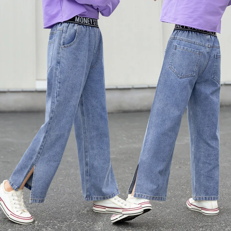 

2021 Spring Autumn Girls Jeans Letter Elastic Waist Children's Straight Split Loose Wide-leg Pants Baby Kids Blue Trousers
