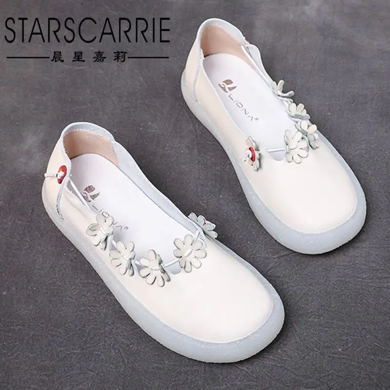 

2021 spring and summer pure leather comfortable flat shoes soft bottom retro flower mother shoes casual shoes