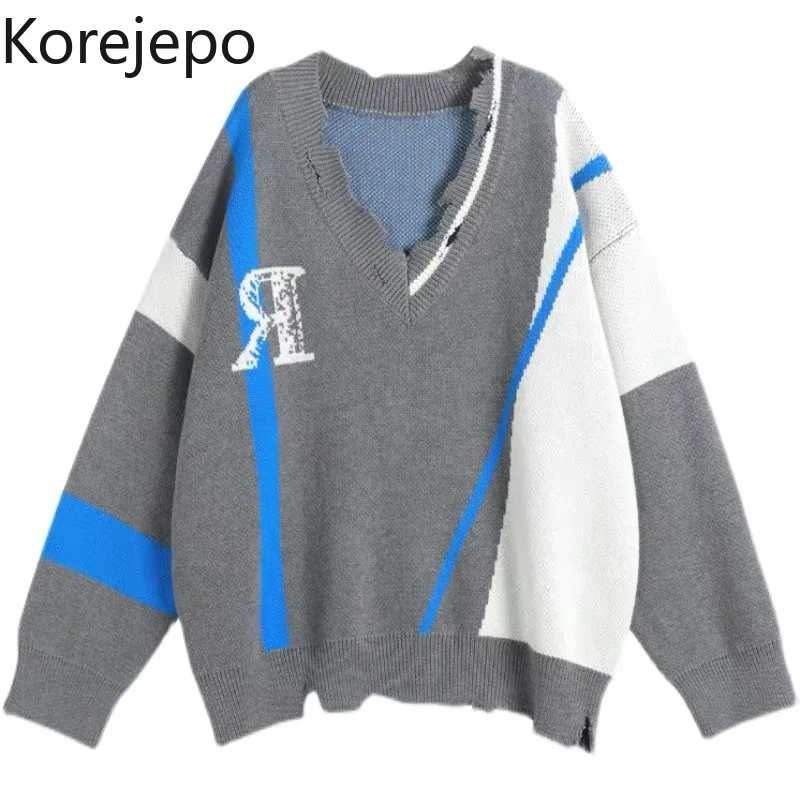 

Korejepo Retro Japanese Couple Knitted Top 2021 New V-neck Hole Loose Lazy Wind Contrast Jacquard Sweater Women Autumn Winter