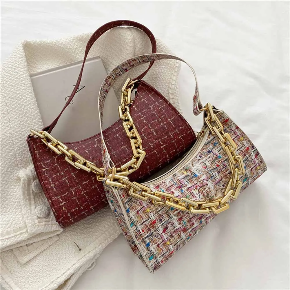 

New Fashion Plaid Printing Vintage PU Leather Women Shoulder Underarm Bags Casual Thick Chain Ladies Small Shoulder Handbags