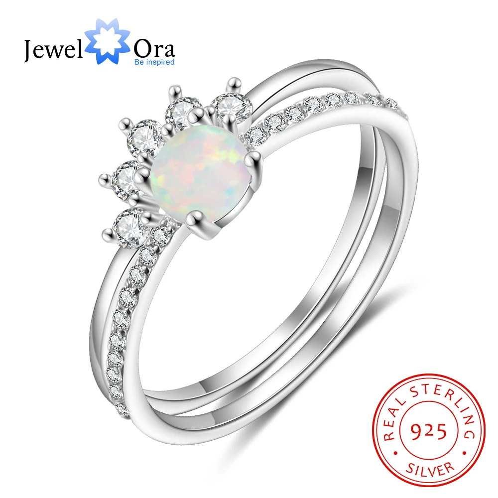 

JewelOra Stackable 925 Sterling Silver Round White Opal Rings for Women Cute Crown Ring with Cubic Zirconia Silver 925 Jewelry