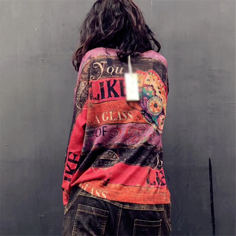 Long-Sleeved T-Shirt Female 2019 Spring Fashion New Round Neck Hip-Hop Printing Loose Wool Sweater Top H00412 | Женская одежда