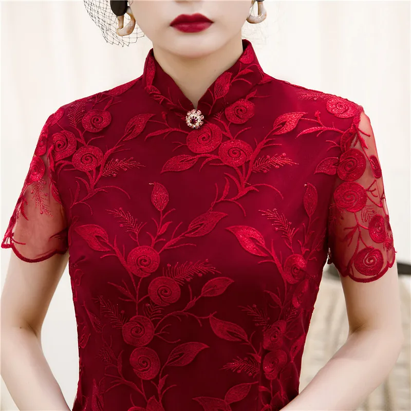 Wine red Cheongsam wedding evening party qipao lace dresses | Тематическая одежда и униформа
