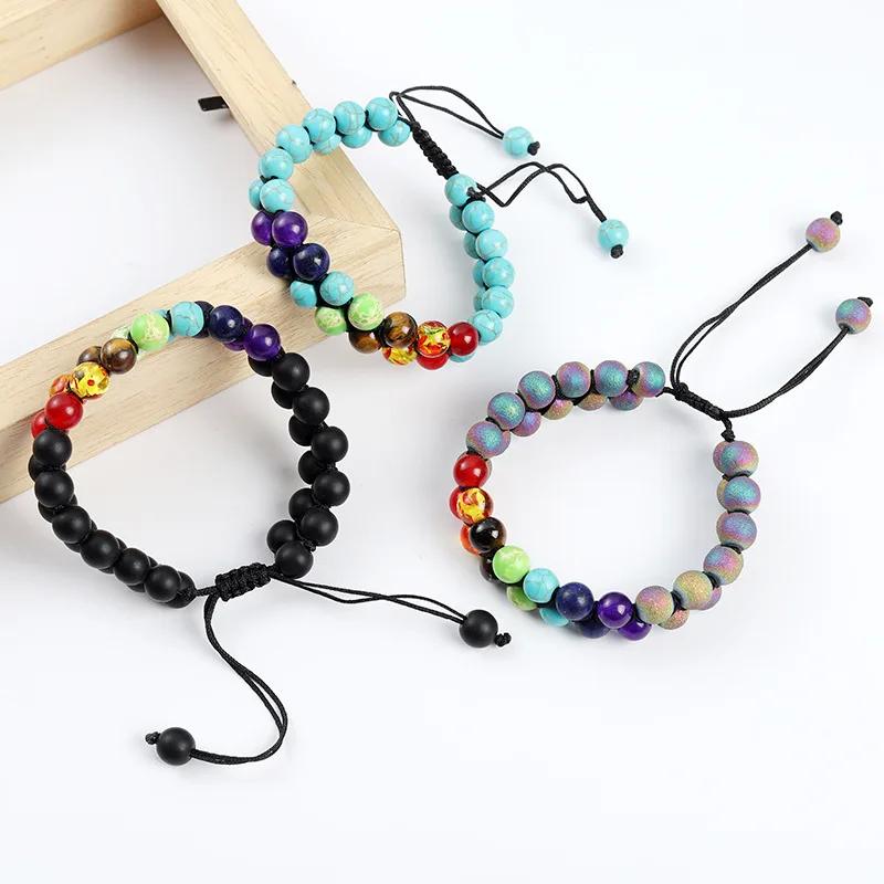 

1PC 7 Chakra Natural Stone Handmade Braided Double Layer Lava Bracelets Men Women Adjustable Energy Colorful Beaded Bracelet
