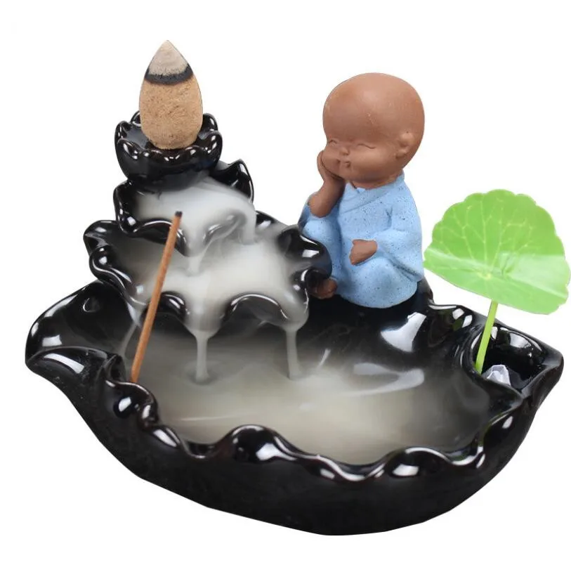 

Creative Little Monk Backflow Incense Burner Home Dec Ceramic Cone Waterfall Incense Holder Buddhist Censer + 20pcs Cones