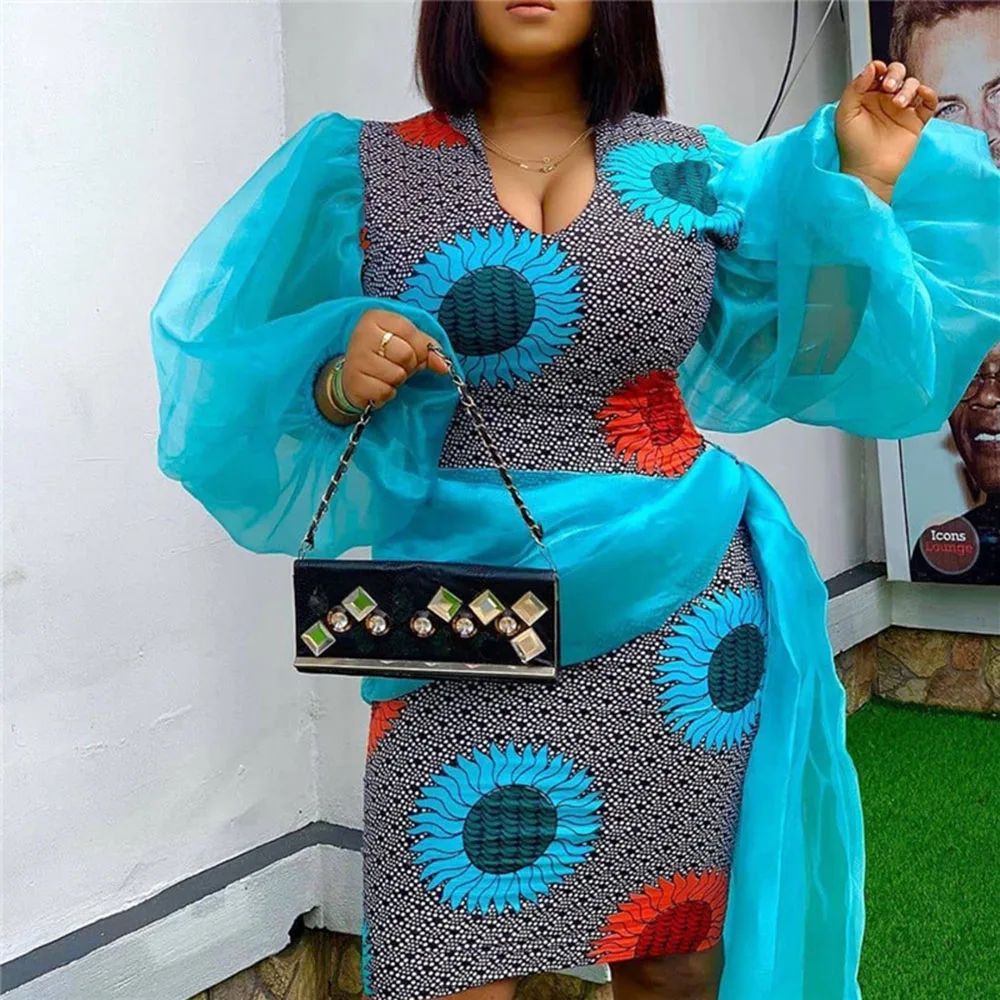 

Женское голубое Деловое платье, прозрачное Сетчатое Повседневное платье с принтом, пышными рукавами, высокой талией и прострочкой, новинка ...