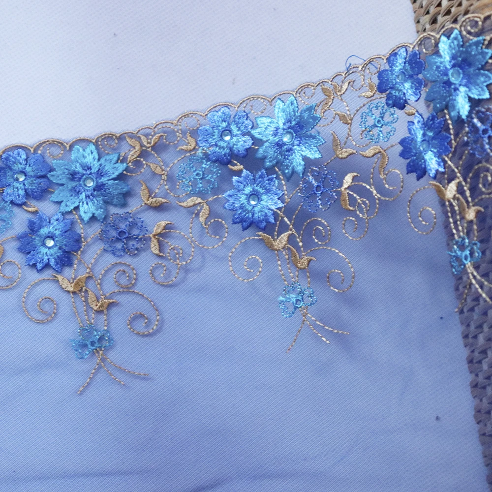 1meter 22cm Wide Blue Mesh flowers with Rhinestone embroidered lace trim Lingerie bra Dress Sleeve decoration DIY Lace Fabrics | Дом и сад