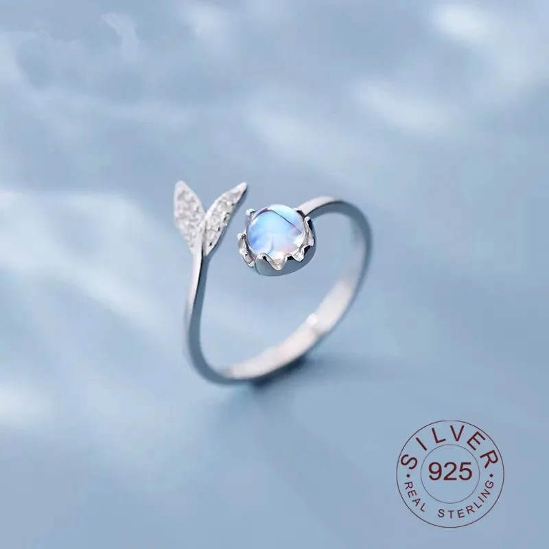 

925 Sterling Silver Mermaid Moonstone Adjustable Size Finger Ring Fine Jewelry For Women Party Elegant Accessories JZ459