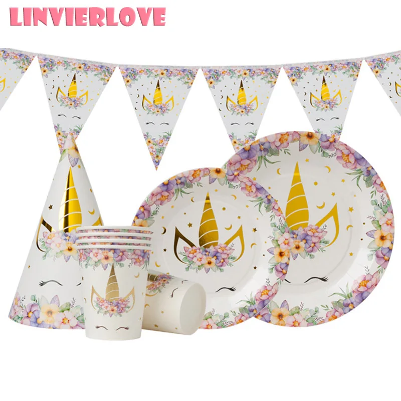 LINVIERLOVE 10 шт./упак. Золотой Единорог Бумага баннер на тарелке чашке для свадебного