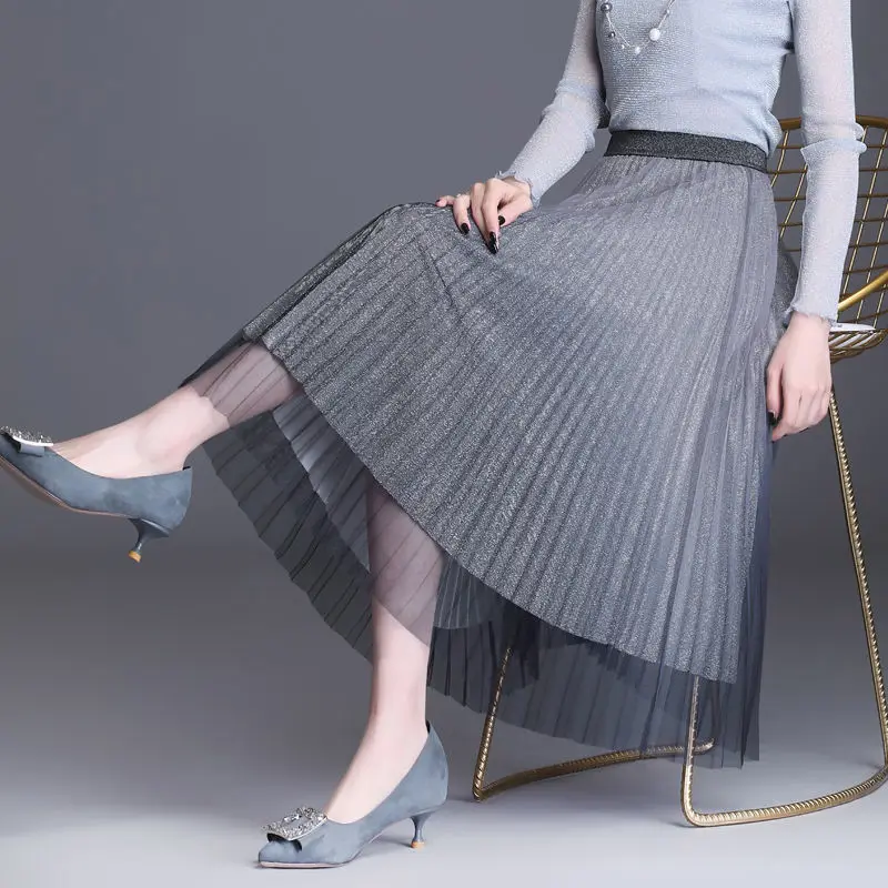 

Women 2021 Spting Summer Fashion Gradient Mesh Skirts Female High Waist Pleated Skirts Ladies Long Loose Big Swing Skirts Y282